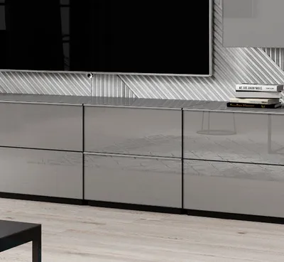 Image de Meuble TV bas « Helio » 50 cm, noir et gris, finition en verre au choix
