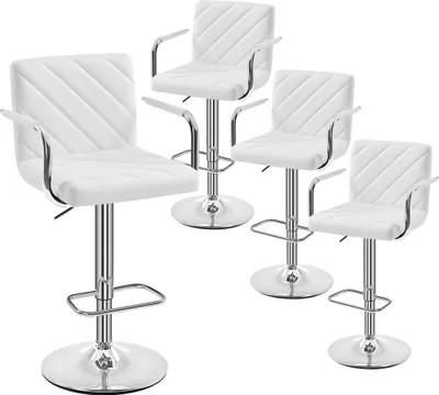 A set of four white bar stools arranged on a white background.
