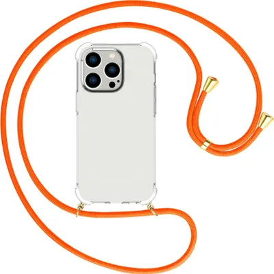 Produktbild von Handykette Backcover-Schutzhülle mit Band (Metall goldfarben) für Apple iPhone 15 Pro Max - neonorange
