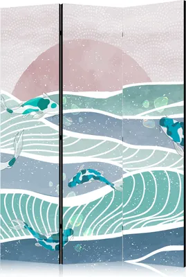 Produktbild von 3-teiliger Doppelseitiger Vlies Paravent - Picturesque Landscape With Fish - Sunset And Koi Fish in Shades of Turquoise And Blue. Floating Above The Water 135x172 cm Tiere c-C-10114-z-a
