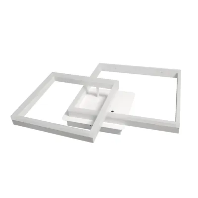Three white square frames are arranged in a staggered formation on a white background.