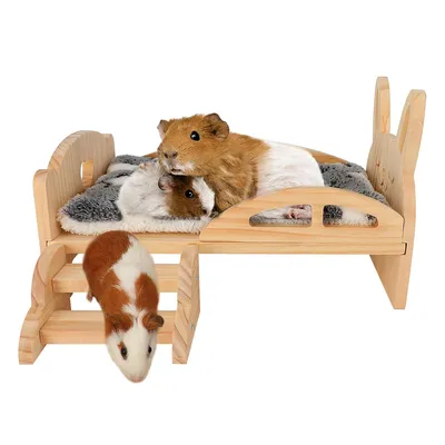 Produktbild von Holzbett für Kleintiere mit Treppe & Kissen – abnehmbare Plattform, 34×22×14,5 cm
