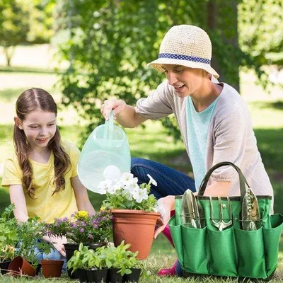 Image de Ensemble d'outils de jardinage avec plusieurs compartiments et une houe (vert et noir)