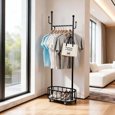 Produktbild von Kleiderstange aus Metall, Kleiderständer, Kleiderständer auf Rollen, mit Aufbewahrungskorb, für Schlafzimmer, Flur und Wohnzimmer, Schwarz