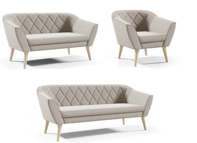 Couchgarnitur Beige Wohnzimmerset 3+2+1 Sitzer Samt Hohe Holzfüße Buche