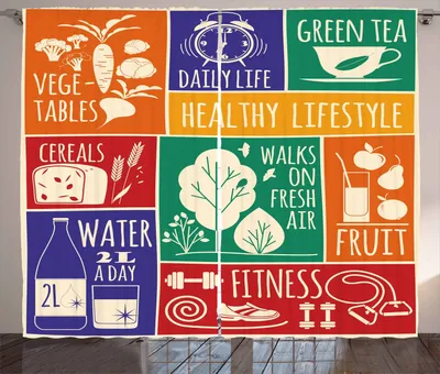 Produktbild von ABAKUHAUS Fitness Rustikaler Vorhang, Bunte Motivation, Wohnzimmer Universalband Gardinen mit Schlaufen und Haken, 280 x 260 cm, Mehrfarbig