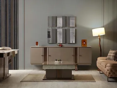 Productafbeelding van Perfecte opstelling, luxe eetkamer, houten interieur, designmeubels