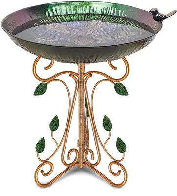 Productafbeelding van Ibenzoa® Metalen vogelbad en voederstation – een vogelvriendelijk tuinornament, met afneembaar bakje, roestbestendige coating, diameter 33 cm, hoogte 46,7 cm, inklapbaar statief
