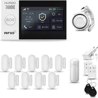 Produktbild von HUXGO HXA007 Alarmanlage Haus WiFi + GSM 4G mit Sirene, Alarm System mit 1x Bewegungssensor und 9x Tür-Fenstersensor, Alarmanlage für Wohnung, Haus, Garage, Tuya Smartlife App