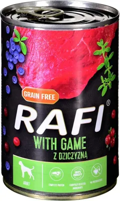 A can of dog food with images of meat, blueberries, and cranberries on the label.