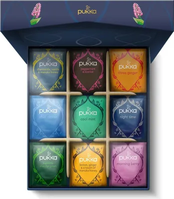 A Pukka tea selection box with 9 different tea varieties.