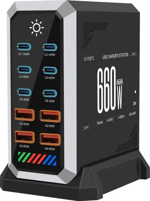 Produktbild von 660W GaN USB Ladegerät 10-Port (6x USB-C + 4x USB-A) 140W PD 3.1 Schnellladegerät Desktop Ladestation, Schwarz