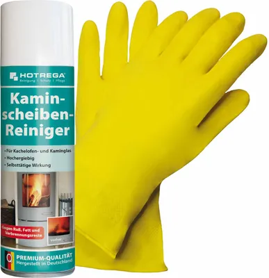 Produktbild von HOTREGA Kaminscheiben Reiniger 300 ml SET + NITRAS Handschuhe Gr. 10