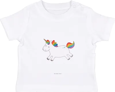 Produktbild von Mr. & Mrs. Panda  T-Shirt Einhorn Happy 6. - 12. Monat - Weiß - Geschenk, Unicorn, Spannend, Einhörner, Baby, Babyshirt, Oberteil, Freude, Spaß, Organic