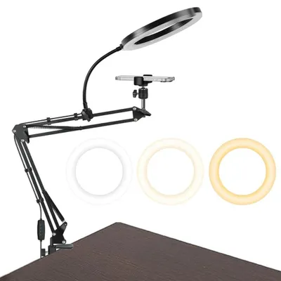 Produktbild von LED Selfie Ringlicht - iPad Stativhalterung - Dimmbares Kreislicht - Faltbarer Arm - Kunststoff - Für Videoaufnahmen & Streaming