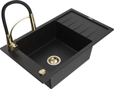 Produktbild von Mexen Elias 1 Becken-Granitspüle mit Abtropffläche und Mischbatterie Aster, Schwarz - 6511-77-73450-57-G
