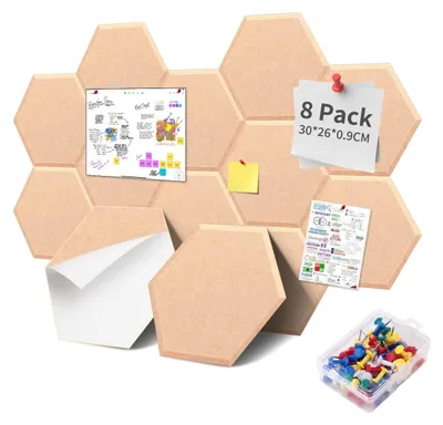 Productafbeelding van Zeshoekige prikbord - Set van 8 - 30x26x0,9 cm - Geluidsabsorberende panelen - Zelfklevend - Inclusief 35 punaises - Wanddecoratie
