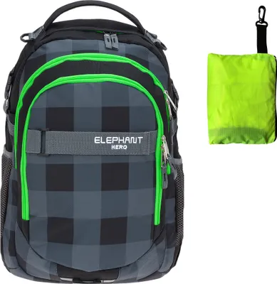 Produktbild von Schulrucksack Elephant Hero Signature Rucksack Schulmappe Schultasche Jungen Mädchen 12609 Plaid Schwarz Grün Karo + Regencover