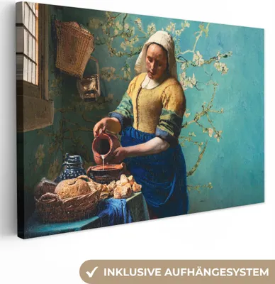 Produktbild von MuchoWow® - Leinwandbilder - Milchmädchen - Mandelblüte - Van Gogh - Vermeer - Gemälde - Alte Meister, Wandbild, Wanddeko Bilder Wohnzimmer, 60x40 cm