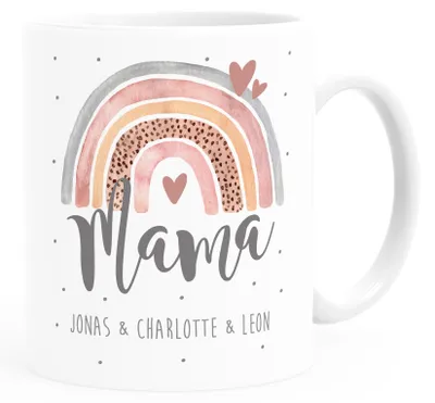 Produktbild von Kaffee-Tasse Mama Geschenk von Kindern Motiv Regenbogen personalisiert mit Namen Muttertag SpecialMe® Uni-Weiß Keramik-Tasse