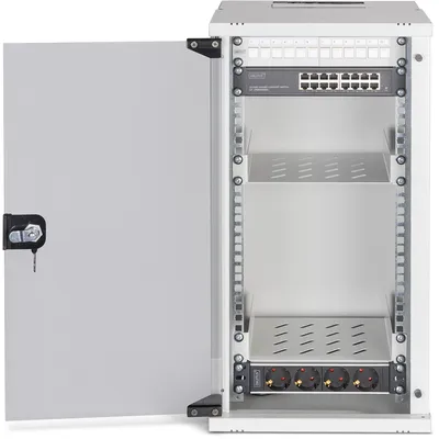 Produktbild von Digitus Netzwerk-Set SOHO Pro, 254 mm (10") - 12HE, 315 x 300 mm (B x T), Wandmontiertes Regal, 12U, 60 kg, Sperrschloss, Ablageschienen, Verbessertes Kabelmanagement