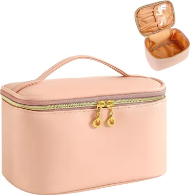 Produktbild von Beige Reisetas für Damen, Make-up-Organizer mit Borstel, 22 x 15 x 12 cm, Kunstleder, wasserdicht
