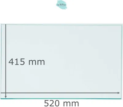 A clear glass shelf with dimensions labeled. A small light blue graphic is in the top center.