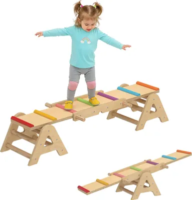 Produktbild von AIYAPLAY 2 In 1 Balance Wippe Kinder, Schwebebalken aus Holz, Wippe Schaukelwippe Garten, Balance Board für drinnen und draußen, Equilibrium für Kinder, Equilibrium Spielgeräte 133 x 38 x 24 cm