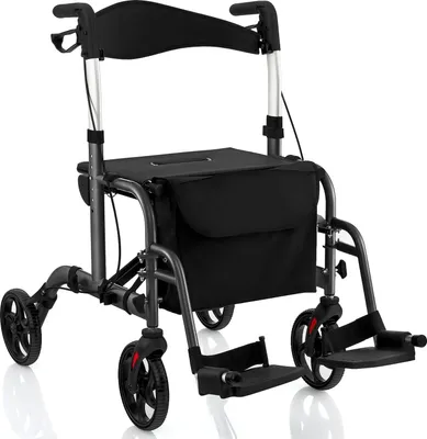 Produktbild von COSTWAY Rollator skládací a lehký se sedátkem, 2 v 1 invalidní vozík a cestovní rollator, chodítko 6násobně výškově nastavitelné, chodítko s taškou a 2 brzdami, hliník (černá)