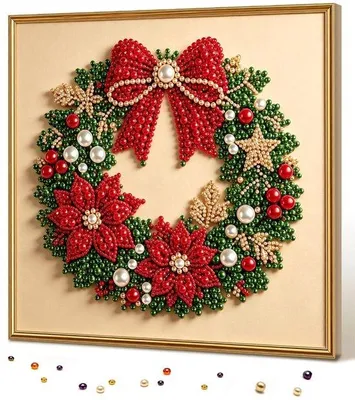Produktbild von Weihnachtsperlen-Bastelset – DIY Bastelset – 20 x 20 cm – 3D Diamantkunst – mit Rahmen – Kerstkrans – Wanddeko – für Erwachsene & Kinder