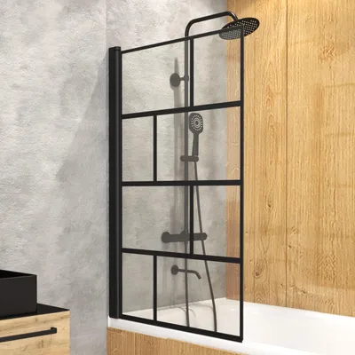 Produktbild von Badewannenfaltwand MARWELL Duschwand Duschabtrennung Bricks 1-flg, 75 x 125 cm Matt Schwarz Trennwand aus Glas für Badewanne - Montage auf Duschwanne oder Fliesen