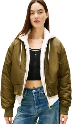 Immagine prodotto di Giacca bomber da donna Tommy Jeans, modello Essential, con tasca sulle maniche, colore verde (Tundra Olive), taglia L