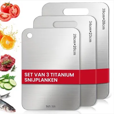 Produktbild von Famanu Schneidebrett-Set aus Titan, 3 Stück, rostfreier Stahl - ideal für die Zubereitung von Lebensmitteln