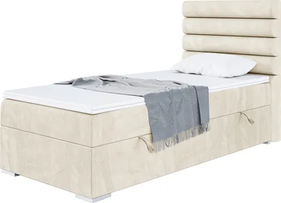 Produktbild von MEBLINI Boxspringbett mit Bettkasten - Gepolstert Einzelbett mit Matratze und Topper - Polsterbett mit Stauraum - Bett mit Kopfteil - Stauraumbett - KARIM - 90x200 Rechts  - H4/Creme Samt