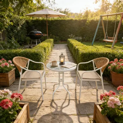 Produktbild von Happy Home 3 tlg Bistro Set Gartenmöbel Rattan helles Beige mit Sitzkissen Balkonset Terrassenmöbel Outdoor Essgruppe