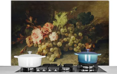 Produktbild von KitchenYeah®  Spritzschutz Küche - Küchenrückwand - Wandschutz für Herd und Spüle - Obst - Stilleben mit Weintrauben - Alte Meister 120x80 - Alu-Dibond (Alternative zum Spritzschutz aus Glas) - Hitzeb