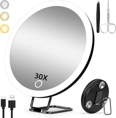 Produktbild von 1x 30-fach Vergrößerungsspiegel mit Licht, 3 Farbdimmmodi, Wiederaufladbarer Reisespiegel für Make-up & Pflege