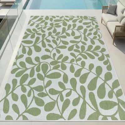 Produktbild von Outdoor Teppich Grün Weiß mit Blättermuster für Balkon Terrasse Größe - 200 x 280 cm