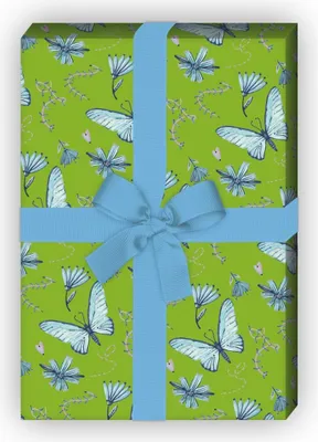 Produktbild von Zartes gemaltes Geschenkpapier mit Schmetterlingen und Blüten, grün - G8099, 32 x 48cm
