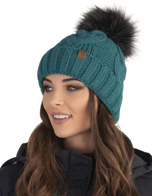 Immagine prodotto di Cappello da donna lavorato a maglia Vivisence - copricapo con pompon per l'inverno e l'autunno - cappello con pompon per l'inverno spesso e accogliente - turchese scuro