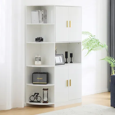 Produktbild von Flieks 1.8m hohes Sideboard, Bücherregal mit hoher Kapazität, vielseitiges Schrank mit Eckablagen, für Küche, Wohnzimmer, Büro, Schlafzimmer, Weiß