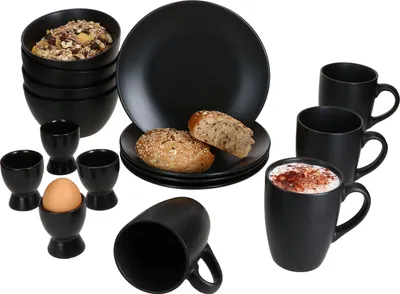 Produktbild von Nero 16tlg Frühstücksset matt schwarz Steingut Teller Becher Schalen Eierbecher