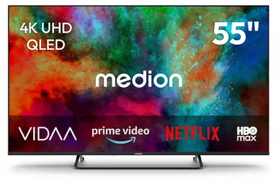 Produktbild von MEDION 138,8 cm (55 Zoll) QLED Fernseher (Smart-TV, Dolby Vision HDR, HBO Max, MagentaTV, Prime Video, Disney+, DAZN, Paramount+, Dolby Atmos, VIDAA Store, PVR, Bluetooth, MD 855602)
