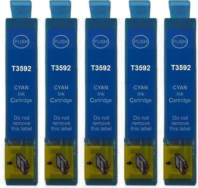 Five cyan ink cartridges are lined up against a white background.