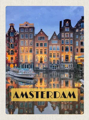 Produktbild von vianmo Holzschild 30x20 cm Amsterdam bei Nacht Reiseziel Bildmotiv Reisemotiv Abenteuer Reisen