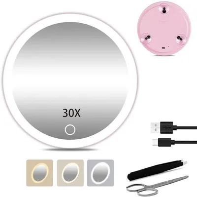Zdjęcie produktu dla Podróżne lusterko do makijażu z oświetleniem i 30-krotnym powiększeniem, 3-stopniowe oświetlenie, 15,24 cm, z uchwytami
