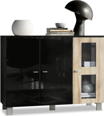 Produktbild von Vladon Sideboard Denjo,  Germany, Kommode mit 3 Türen, Schwarz matt/Schwarz Hochglanz/Eiche Sägegrau (107 x 81 x 35 cm)