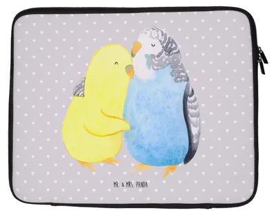Produktbild von Mr. & Mrs. Panda Laptop Tasche Wellensittich Liebe 33 x 42 cm - Grau Pastell - Geschenk, Hülle, Laptoptasche, Kuscheln, Laptophülle, Umarmen, glücklich, Sleeve, Freundin