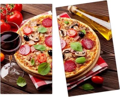 Produktbild von Spritzschutz Herdabdeckplatte Schneidebrett aus Glas Pizza und Olivenöl 2-Teilig (60x52cm)