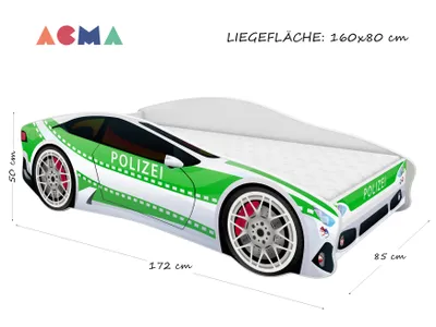 Image de ACMA lit d'adolescent lit d'enfant lit voiture Junior Cars lit set complet avec matelas, sommier et protection contre les chutes 160x80 cm - Police -2 + NOM